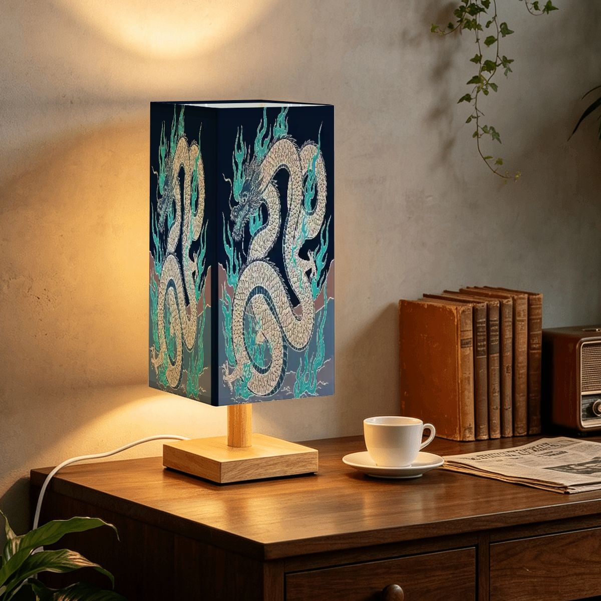 Lámpara de mesa cuadrada grande diseño dragón de fuego