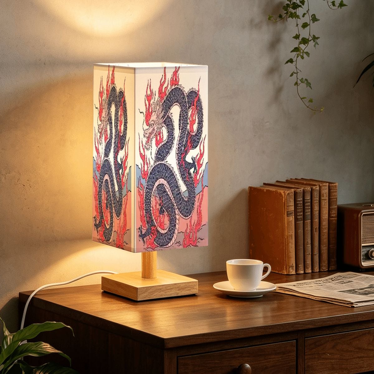 Lámpara de mesa cuadrada grande diseño dragón de fuego