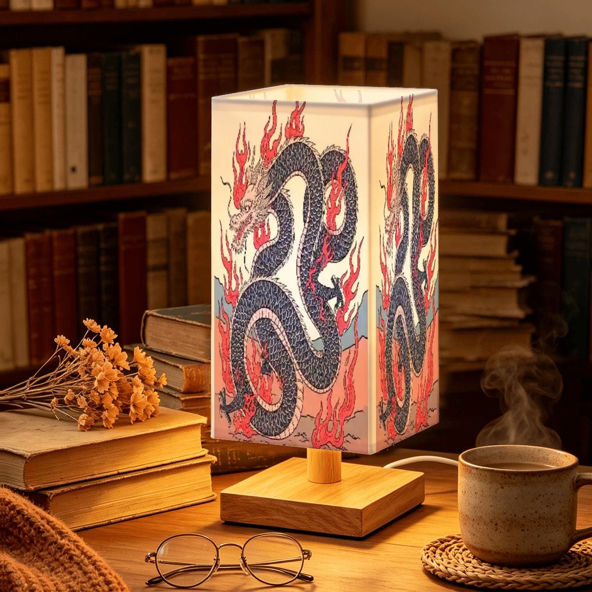 Lámpara de mesa cuadrada grande diseño dragón de fuego