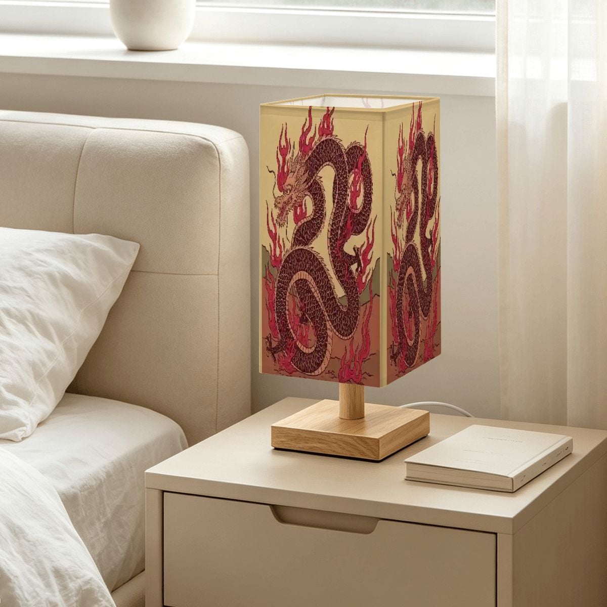 Lámpara de mesa cuadrada grande diseño dragón de fuego