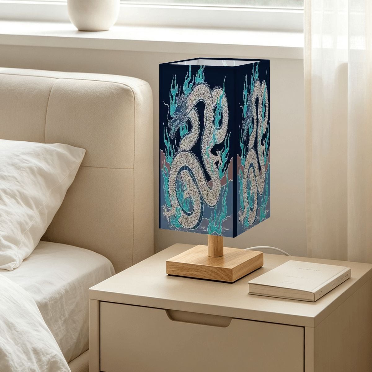 Large Square Table Lamp Fire Dragon Design