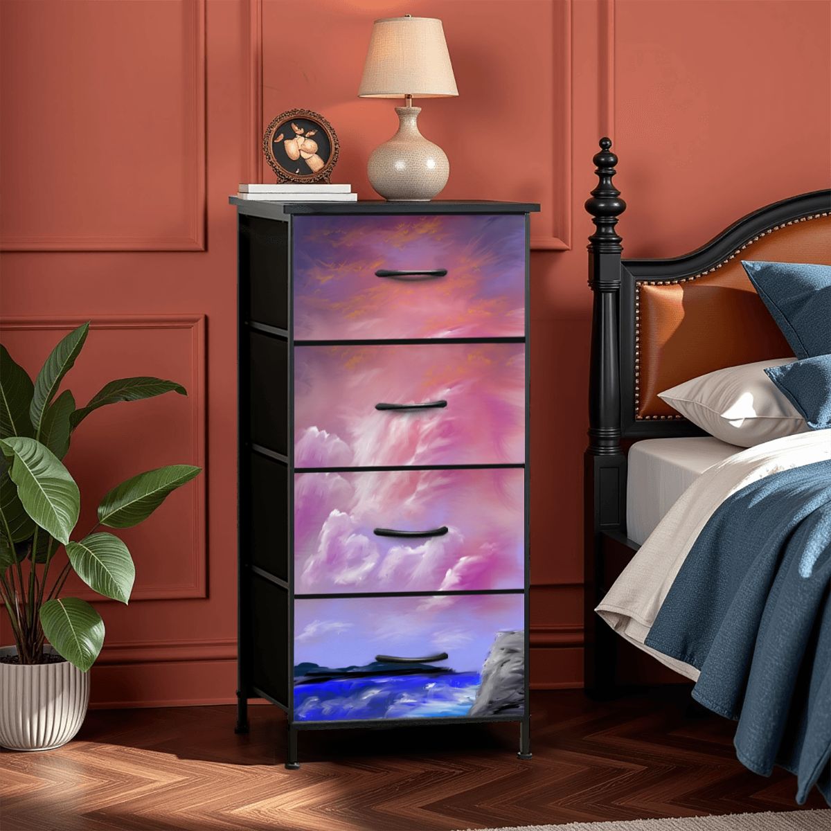 Cómoda de 4 cajones tono rosa cielo