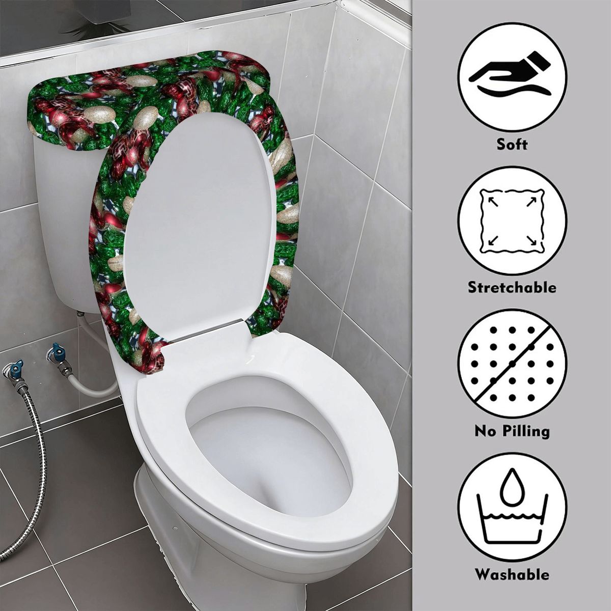 Happy Holidays Toilet Seat Lid and Tank Cover Set Tree Ornaments Design