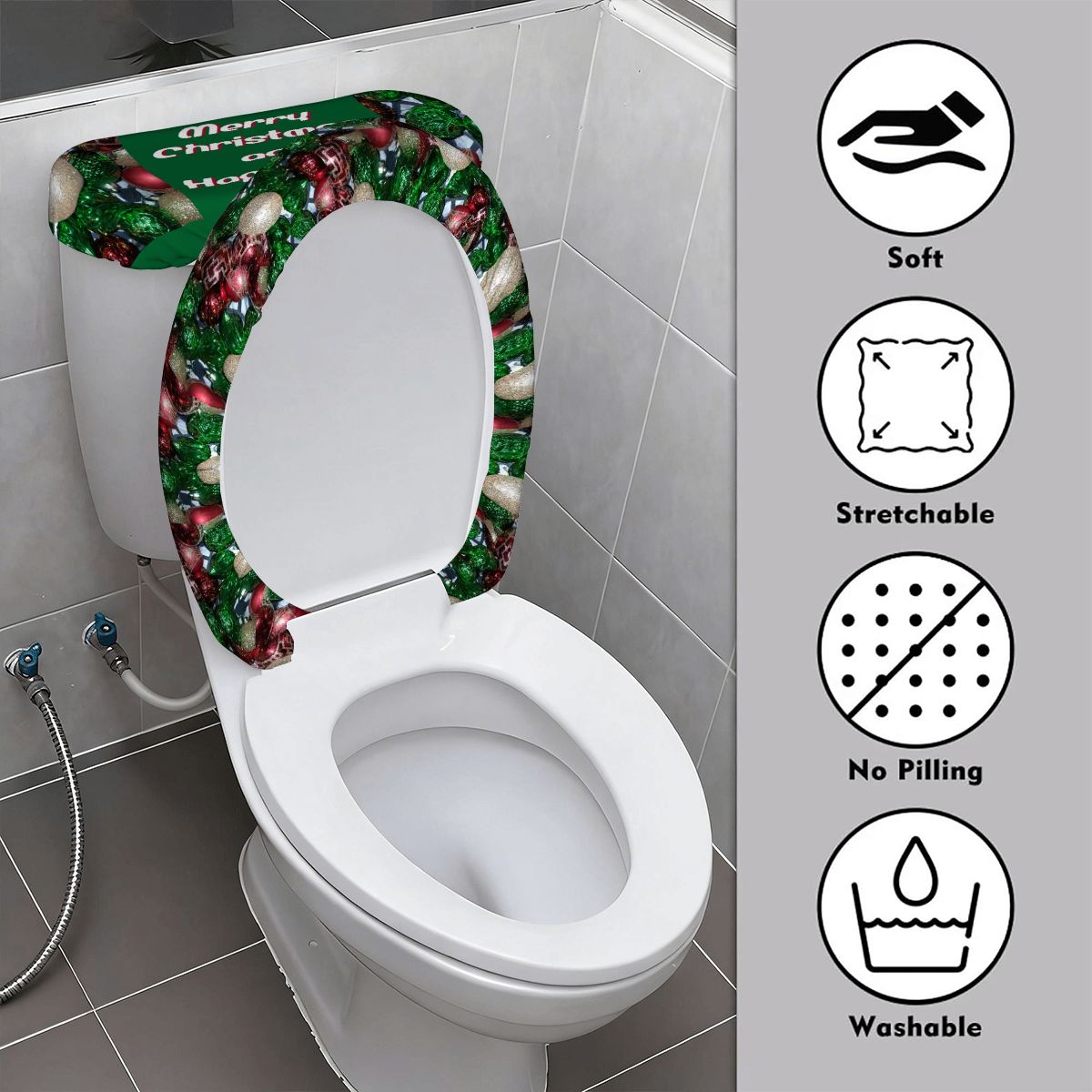 Happy Holidays Toilet Seat Lid and Tank Cover Set Tree Ornaments Design