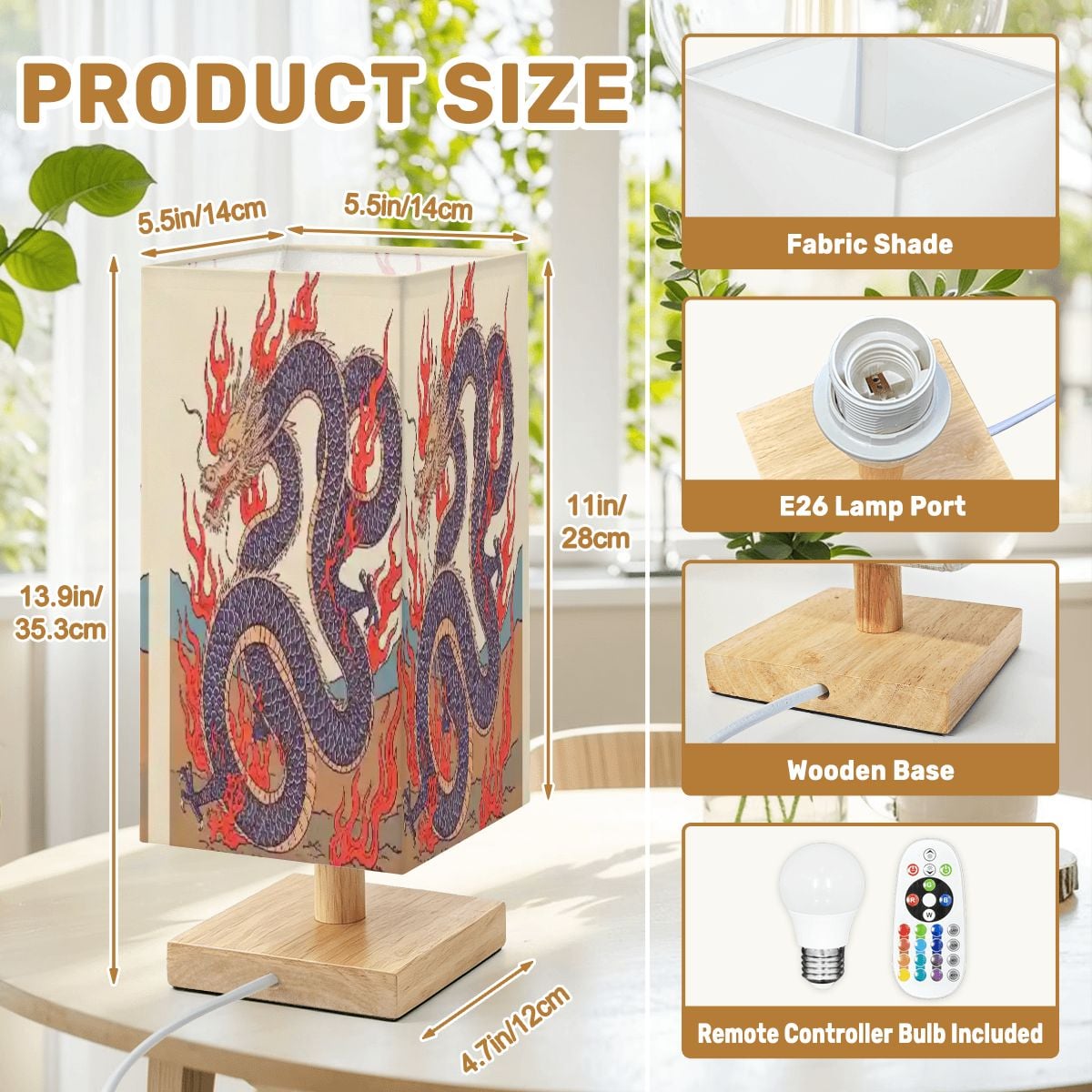 Lámpara de mesa cuadrada grande diseño dragón de fuego