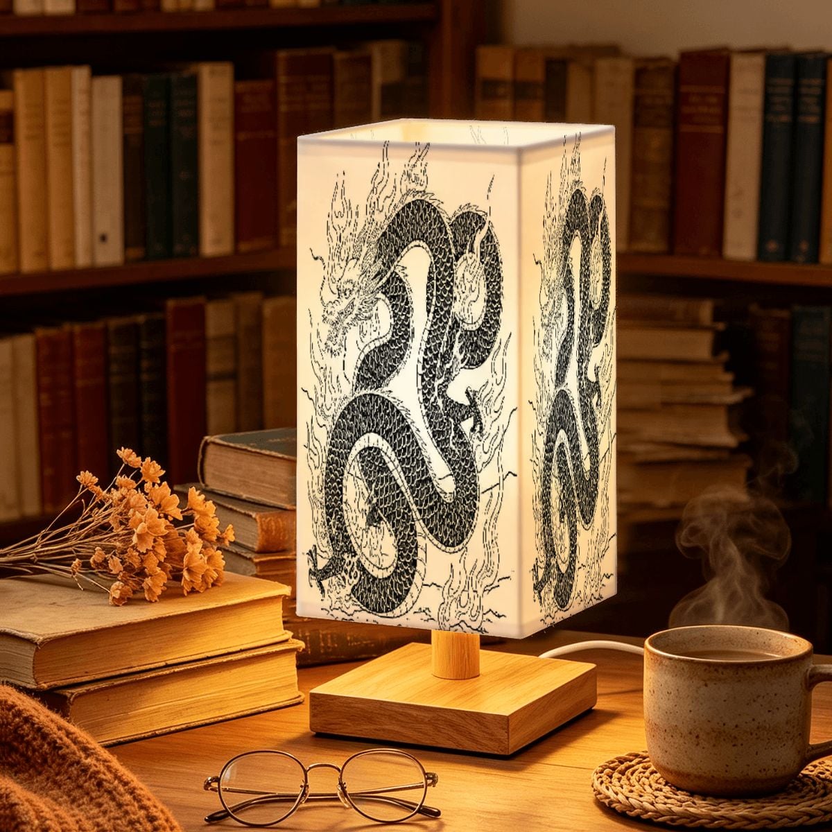 Lámpara de mesa cuadrada grande diseño dragón de fuego