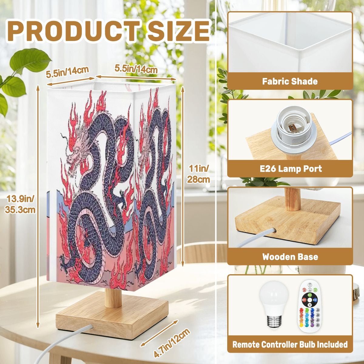 Lámpara de mesa cuadrada grande diseño dragón de fuego