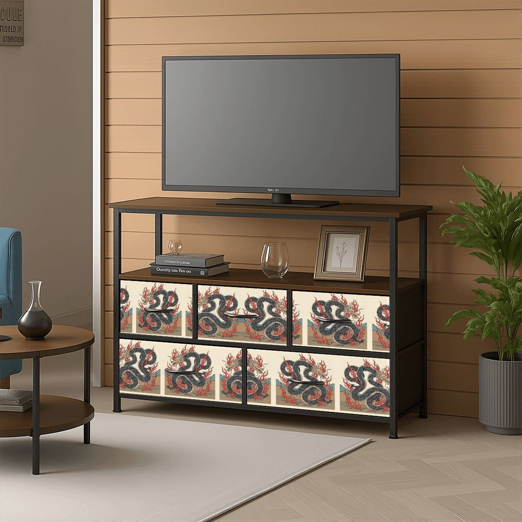 Cómoda para TV de 5 cajones con diseño de dragón de fuego