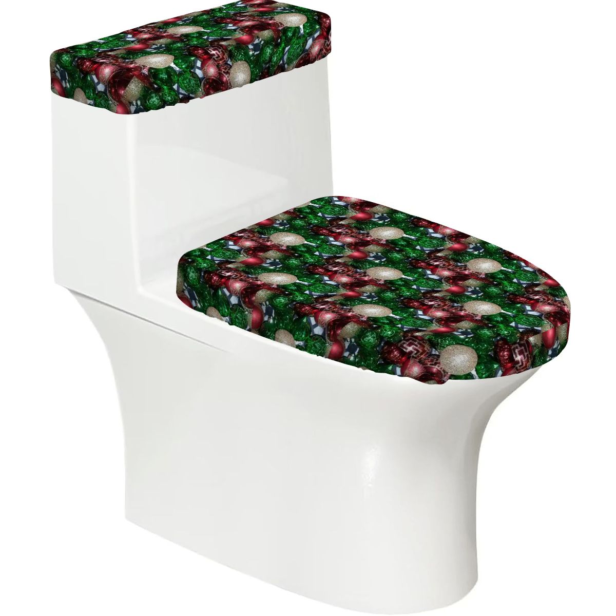 Happy Holidays Toilet Seat Lid and Tank Cover Set Tree Ornaments Design