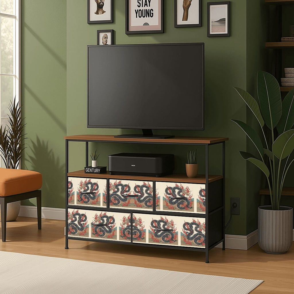 Cómoda para TV de 5 cajones con diseño de dragón de fuego