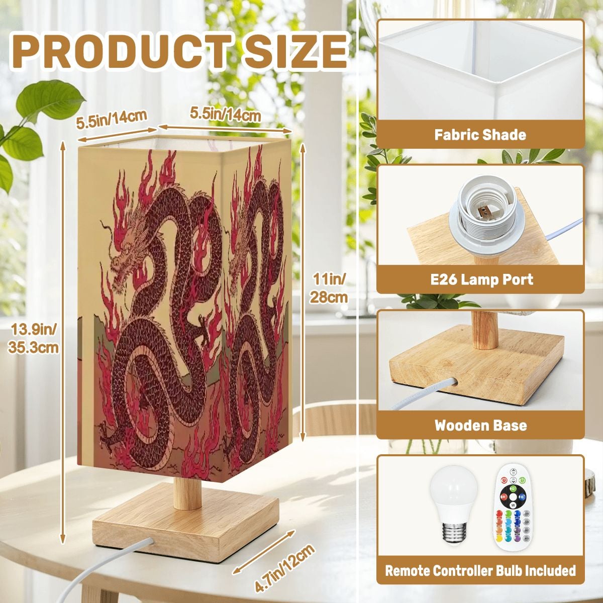 Lámpara de mesa cuadrada grande diseño dragón de fuego