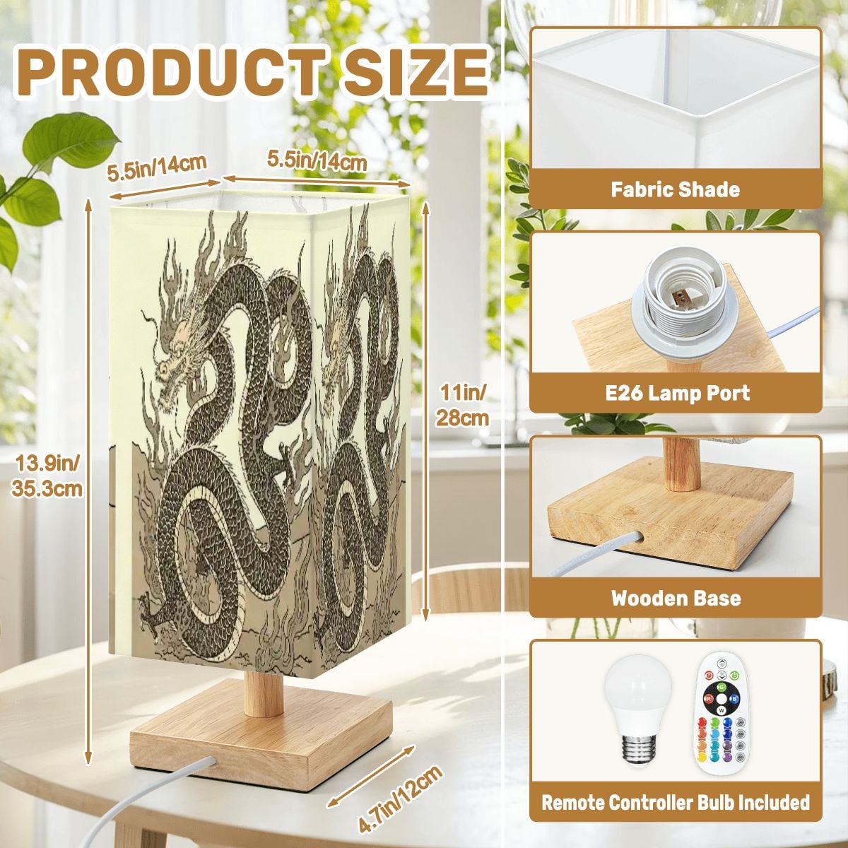 Lámpara de mesa cuadrada grande diseño dragón de fuego