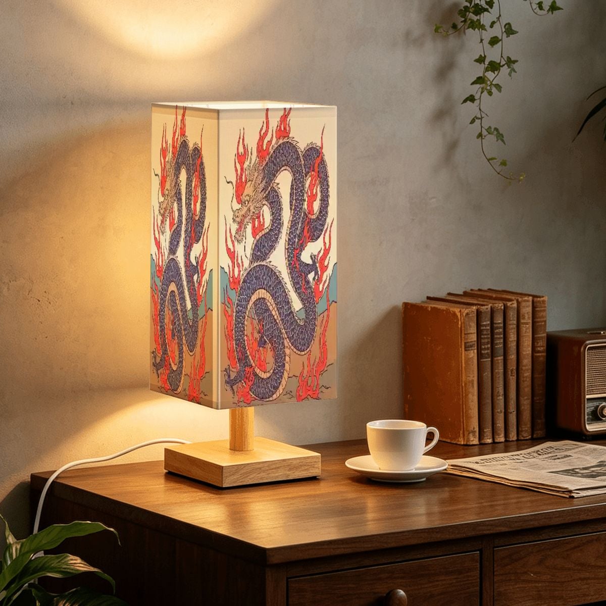 Lámpara de mesa cuadrada grande diseño dragón de fuego