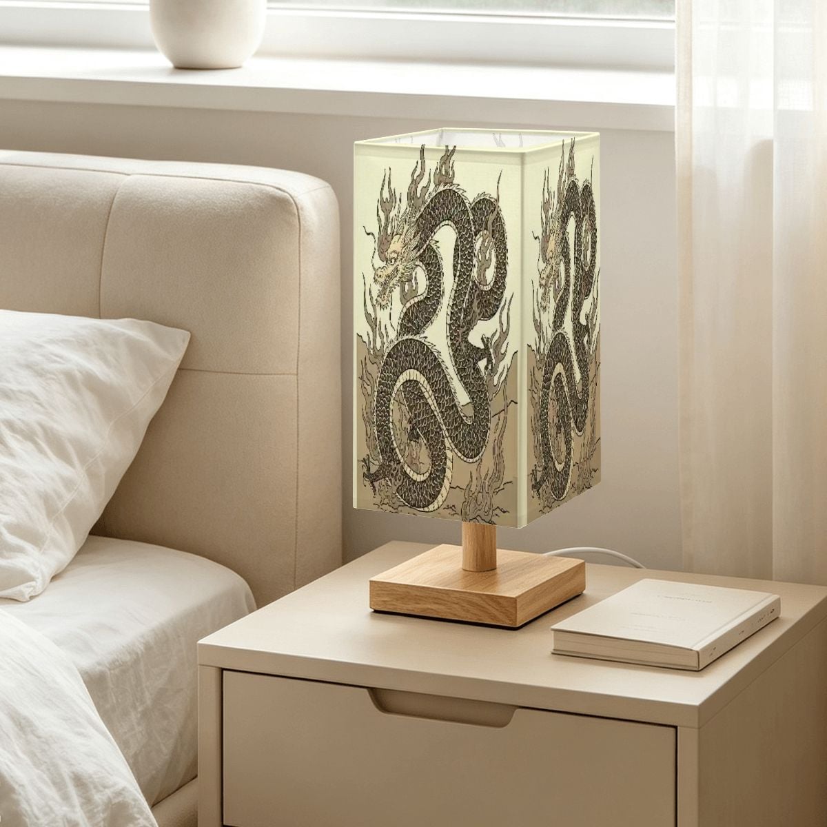 Lámpara de mesa cuadrada grande diseño dragón de fuego